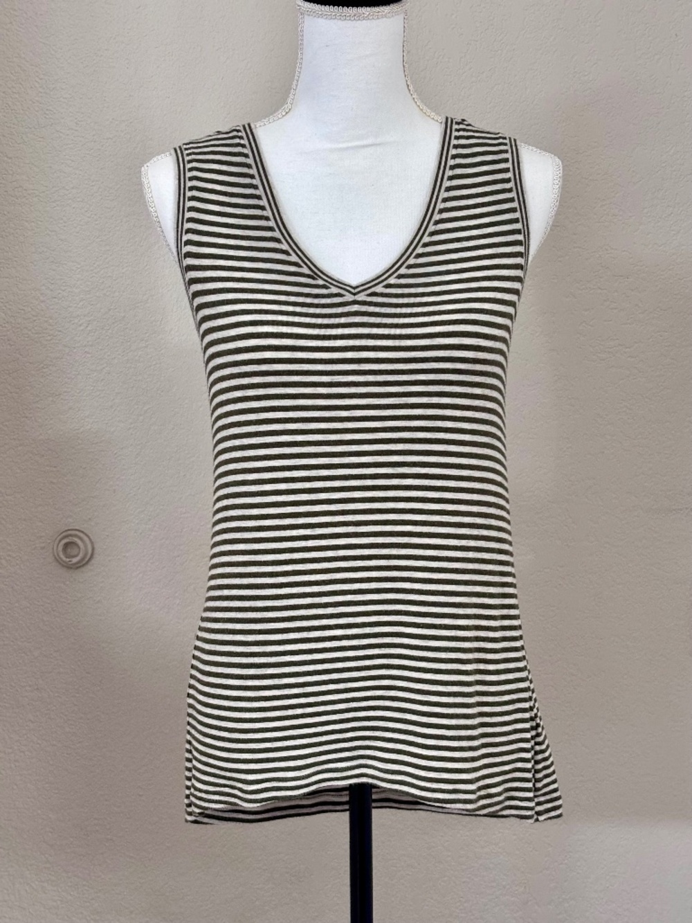 Cabi Striped V-neck Olive Sleeveless Shirt, X-Small